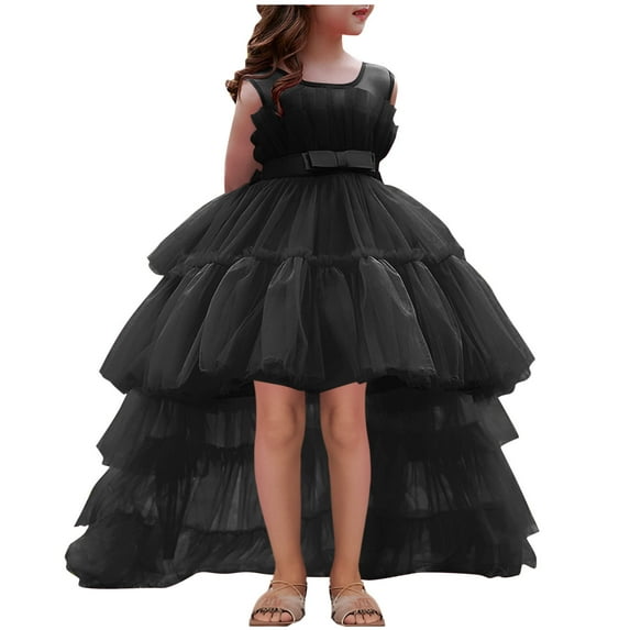 AINIYS Girls Sleeveless Tiered Tulle Gown Dress With Crew Neck And Hidden Back Zipper Flowy Skirt For Formal Event And Pageant Black 3-4Years