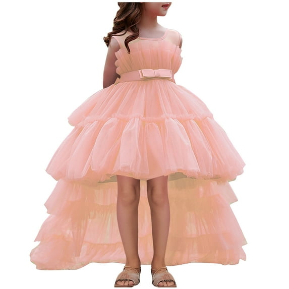 AINIYS Girls Sleeveless Tiered Tulle Gown Dress With Crew Neck And Hidden Back Zipper Flowy Skirt For Formal Event And Pageant Pink 3-4Years