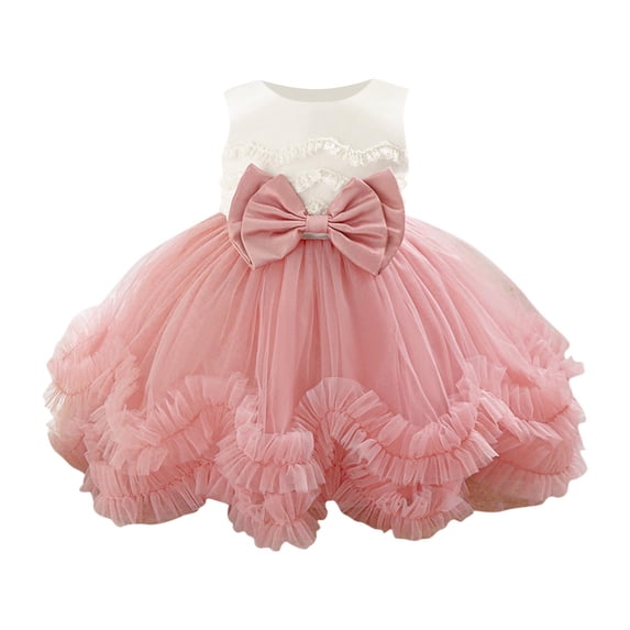 AINIYS Girls Sleeveless Tulle Dress With Crew Neck And Hidden Back Zipper Bow Accent For Princess Party And Pageant Pink 18 Months