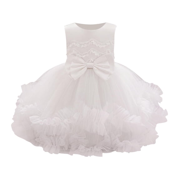 AINIYS Girls Sleeveless Tulle Dress With Crew Neck And Hidden Back Zipper Bow Accent For Princess Party And Pageant White 18 Months