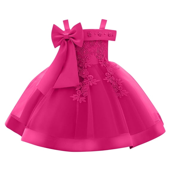 AINIYS Girls Sleeveless Tulle Dress With Crew Neck And Hidden Back Zipper Large Bow Accent For Princess Party And Pageant Hot Pink 18 Months