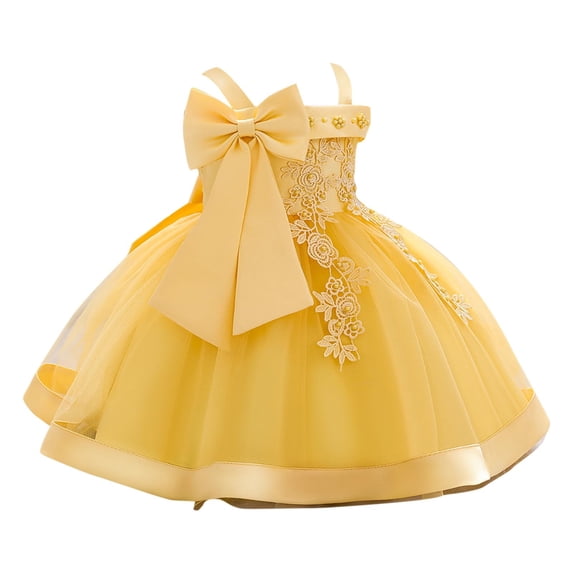 AINIYS Girls Sleeveless Tulle Dress With Crew Neck And Hidden Back Zipper Large Bow Accent For Princess Party And Pageant Yellow 12 Months