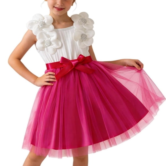 AINIYS Girls Sleeveless Tulle Dress With Crew Neck And Hidden Back Zipper Ruffled Skirt For Princess Party And Pageant Hot Pink 6-7 Years