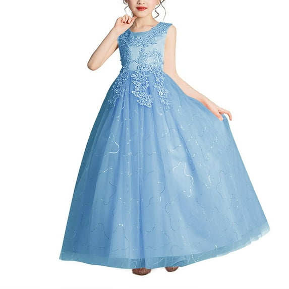 AINIYS Girls Sleeveless Tulle Maxi Dress With Crew Neck And Hidden Back Zipper Flowy Skirt For Wedding Flower Girl And Formal Occasion Sky Blue 5 Years
