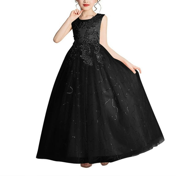AINIYS Girls Sleeveless Tulle Maxi Dress With Crew Neck And Hidden Back Zipper Flowy Skirt For Wedding Flower Girl And Formal Occasion Black 4 Years