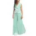 thumbnail image 1 of AINIYS Girls Sleeveless V Neck Pullover Drape Versatile Two Piece Top And Wide Leg Pants Set For Party Gathering Casual Outing Mint Green 4-5Years, 1 of 9