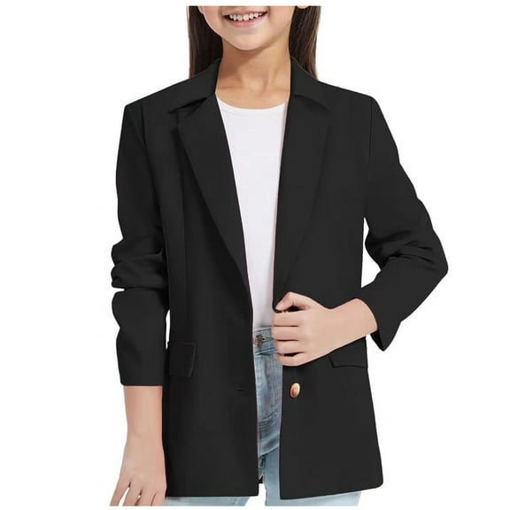 AINIYS Girls Solid Blazer Jacket Long Sleeve Shawl Collar Open Front Inner Pocket Formal Blazers for Kids Size 3-14 Year