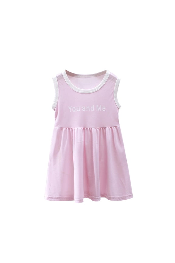 Girls' Summer Cotton Tank Dress 'You Me' Embroidered Sleeveless A-Line Sundress Pink 4 Years