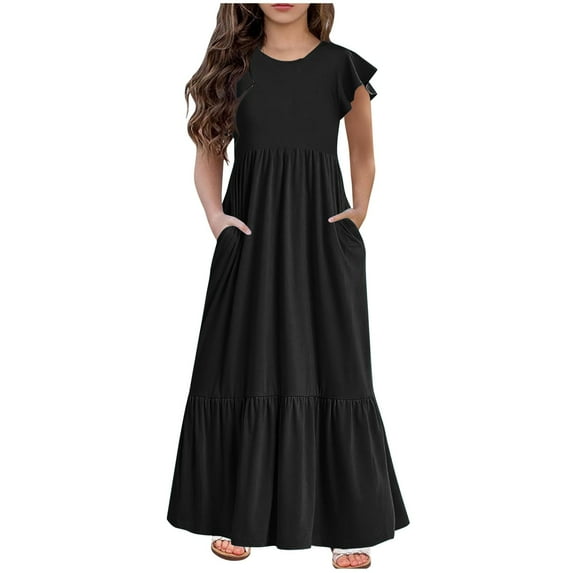 AINIYS Girls Summer Ruffle Sleeve Loose Fit Long Dress with Pockets Black 10 Years