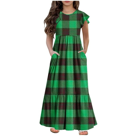 AINIYS Girls Summer Ruffle Sleeve Loose Fit Long Dress with Pockets Green 12 Years