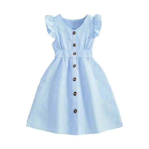 AINIYS Girls' Summer Ruffle Sleeve Striped Button Up A-Line Dress Vertical Stripe Ruffle Sleeve Button Up Dress Kids' Dresses Blue 8 Years