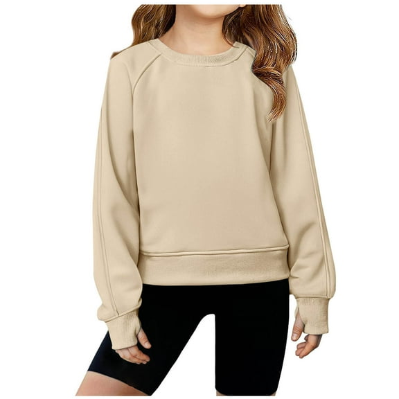 AINIYS Girls Sweatshirt Crop Tops for Teens Cropped Crewneck Pullover Warm Solid Color Ribbed Long Sleeve with Thumb Hole Tops Khaki 6-7Years