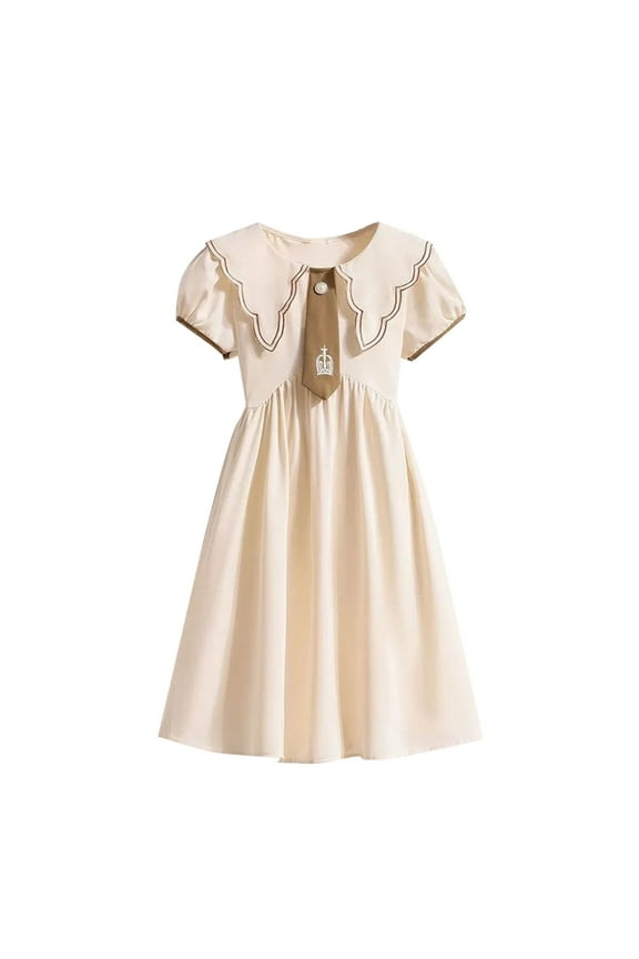 Girls Turn-Down Collar Short Sleeve A-Line Dress With Hidden Back Zipper Breathable For Casual Daily And School Wear Beige 12 Years