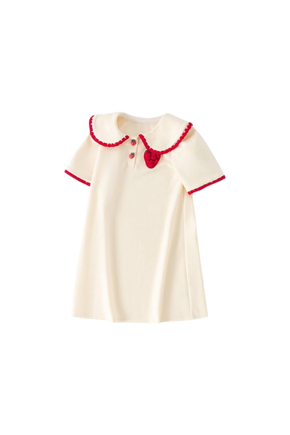Girls Turn-Down Collar Short Sleeve A-Line Dress With Hidden Back Zipper Breathable For Casual Daily And School Wear Beige 2 Years