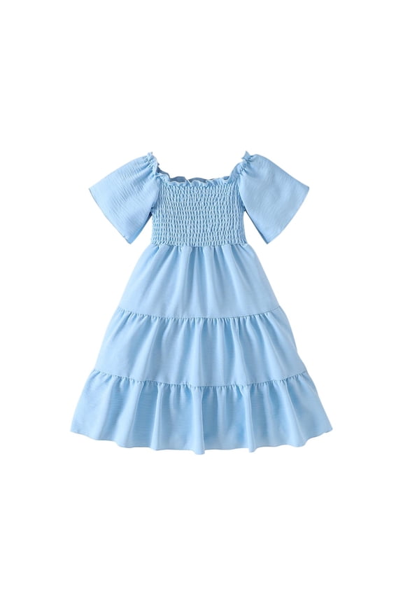 Girls Turn-Down Collar Short Sleeve A-Line Dress With Hidden Back Zipper Breathable For Casual Daily And School Wear Blue 2 Years