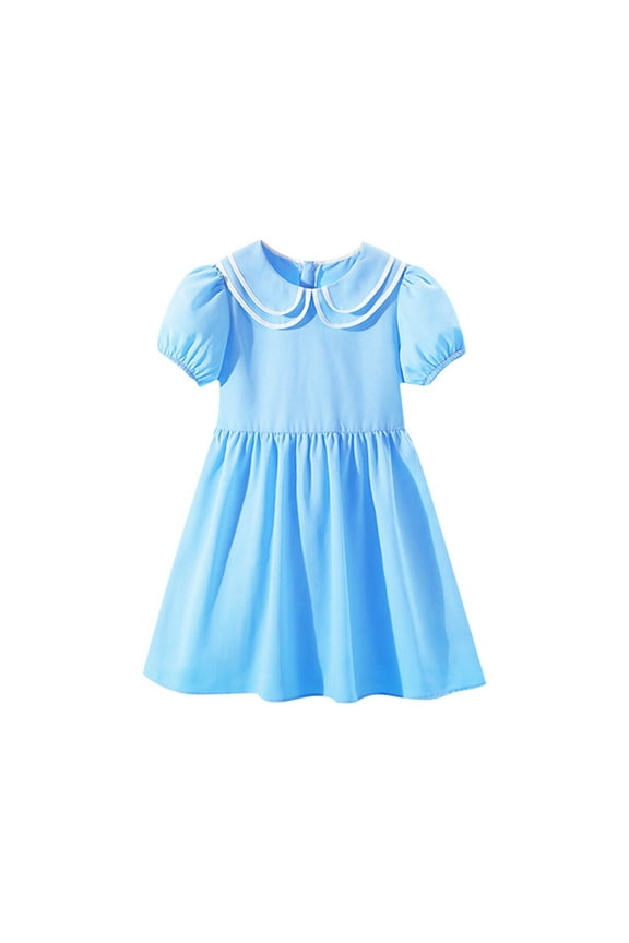 Girls Turn-Down Collar Short Sleeve A-Line Dress With Hidden Back Zipper Breathable For Casual Daily And School Wear Blue 3 Years