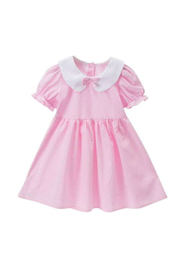 Girls Turn-Down Collar Short Sleeve A-Line Dress With Hidden Back Zipper Breathable For Casual Daily And School Wear Pink 4 Years