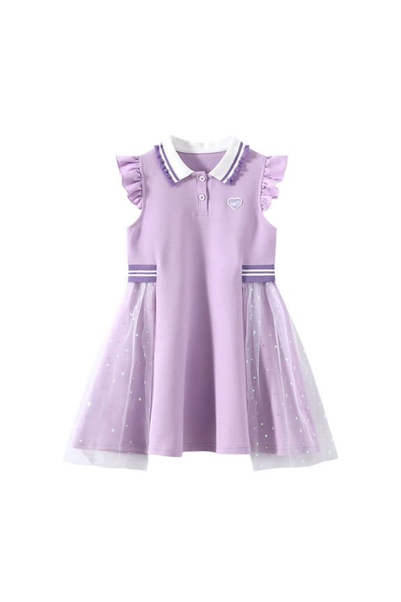 Girls Turn-Down Collar Short Sleeve A-Line Dress With Hidden Back Zipper Breathable For Casual Daily And School Wear Purple 11 Years