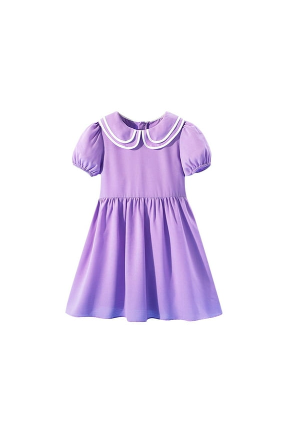 Girls Turn-Down Collar Short Sleeve A-Line Dress With Hidden Back Zipper Breathable For Casual Daily And School Wear Purple 8 Years