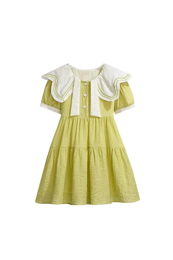Girls Turn-Down Collar Tie Waist Short Sleeve A-Line Dress With Hidden Back Zipper Lightweight Fabric For Casual Daily And Garden Party Yellow 10 Years