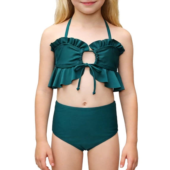 AINIYS Girls Two Piece Swimsuit Halter Neck Open Back Pull On Resistant Beach Swimming Blue 110