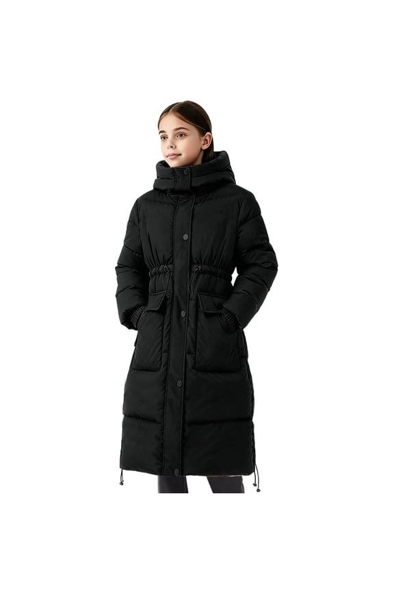 Girls Winter Coat Thickened Long Hooded Puffer Jacket Kids Windproof Warm Full Zip up Button Down Quilted Padded Down Waist Drawstring Jackets with Pockets Black 7-8Years