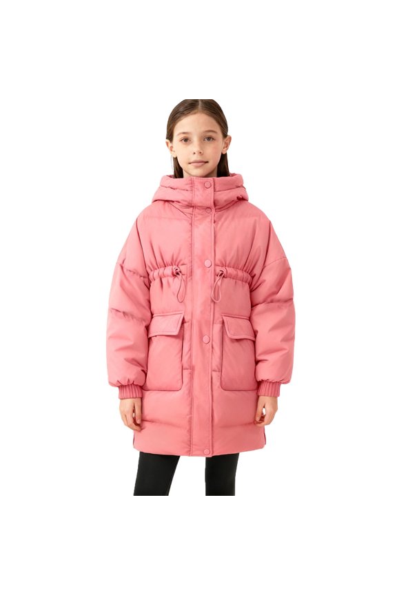Girls Winter Coat Thickened Long Hooded Puffer Jacket Kids Windproof Warm Full Zip up Button Down Quilted Padded Down Waist Drawstring Jackets with Pockets Pink 9-10Years