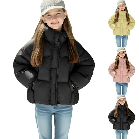 AINIYS Girls and Toddlers' Cropped Full-Zip Stand Collar Puffer Winter Oversized Jacket with Pocket Black 2-3Years