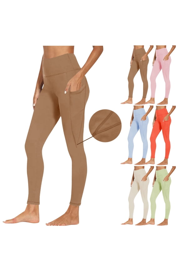 High Waist Yoga Pants Side Leg Pockets Conceal Tummy Soft Lightweight Lift the Hips Workout Running Yoga Leggings for Women Beige L