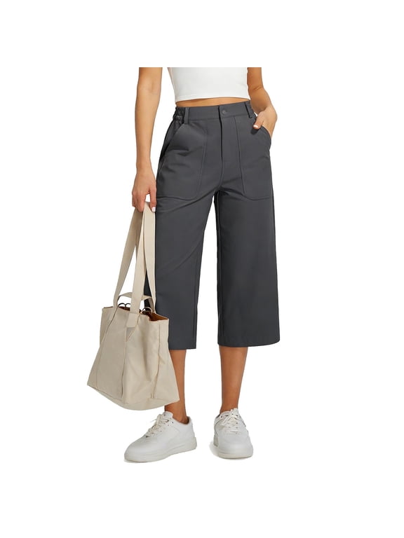 High Waisted Flowy Wide Leg Capris Pants for Women Office Casual Daily Dark Gray L