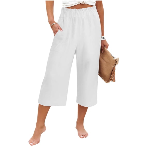 AINIYS High Waisted Lightweight Linen Blend Capris Pants for Women Vacation Beach Daily White S