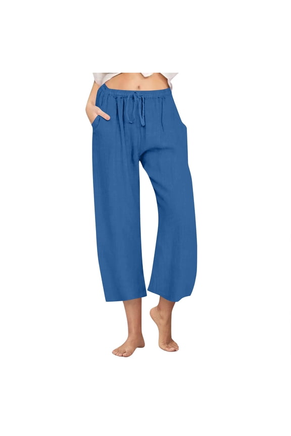 High Waisted Linen Blend Lightweight Capris Pants for Women Vacation Beach Casual Dark Blue L