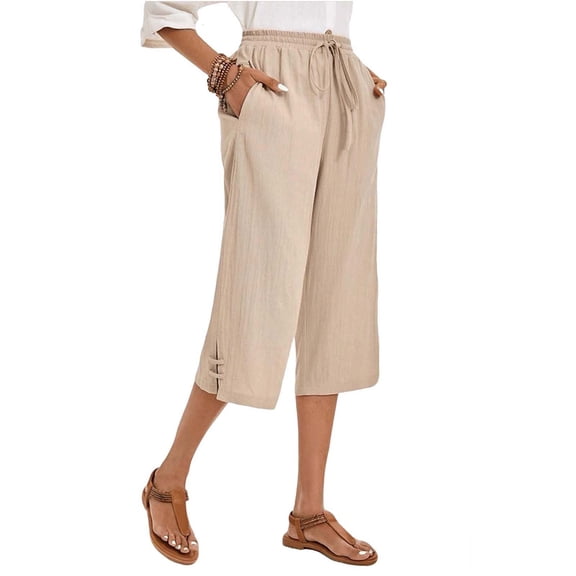 AINIYS High Waisted Linen Blend Tailored Capris Pants for Women Office Commute Daily Khaki L
