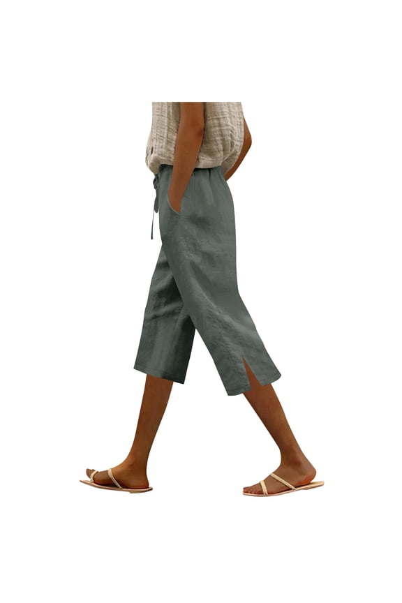 High Waisted Linen Blend Wide Leg Capris Pants for Women Vacation Daily Gathering Army Green L