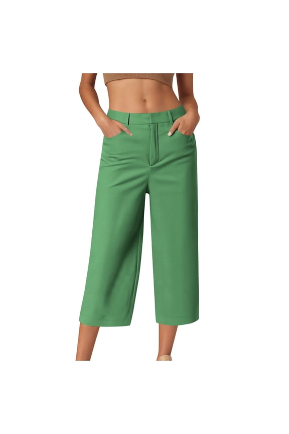 High Waisted Relaxed Straight Leg Capris Pants for Women Casual Shopping Weekend Green L