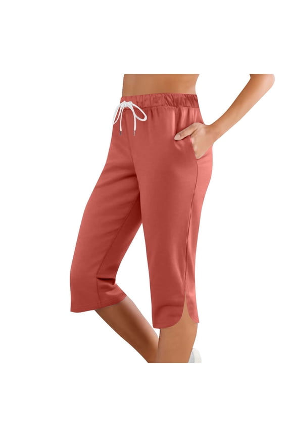 High Waisted Stretchy Slim Capris Pants for Women Yoga Workout Daily Use Red M