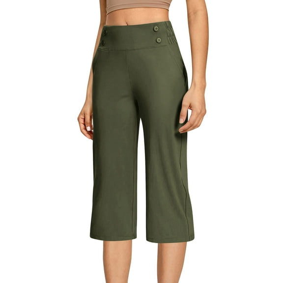 AINIYS High Waisted Tailored Straight Leg Capris Pants for Women Office Daily Wear Army Green L