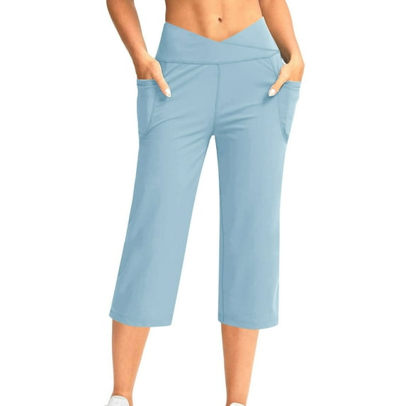AINIYS High Waisted Tailored Straight Leg Capris Pants for Women Office Date Daily Light Blue L