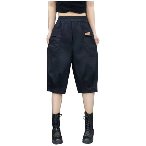 AINIYS High Waisted Wide Leg Cargo Pocket Capris Pants for Women Outdoor Casual Daily Black XXL