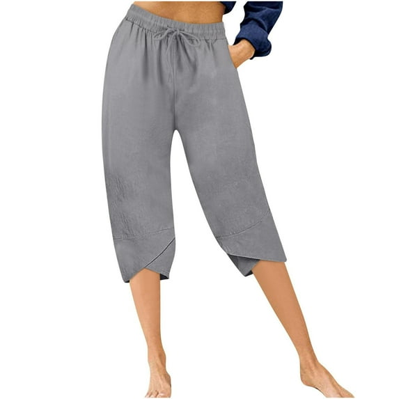 AINIYS High Waisted Wide Leg Linen Blend Capris Pants for Women Vacation Casual Gathering Gray L