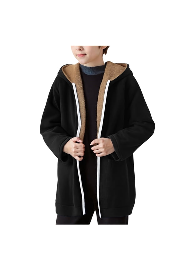 Hooded Velvet Zipper Jacket for Boys Long Sleeve Loose with Pocket Suitable for Vacation School Sports Home Casual Wear Kids Outerwear Suitable for Daily Use Black 120