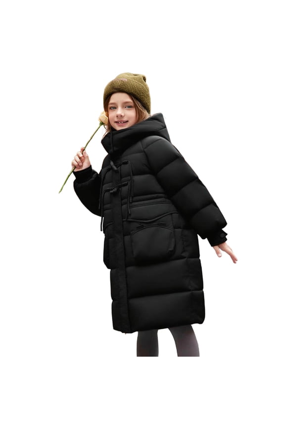 Hooded Zipper Thickened Long Jacket Warm Casual for Kids Pocket Comfortable Breathable Soft Fabric Autumn Winter Outdoor Activities Black 9-10Years