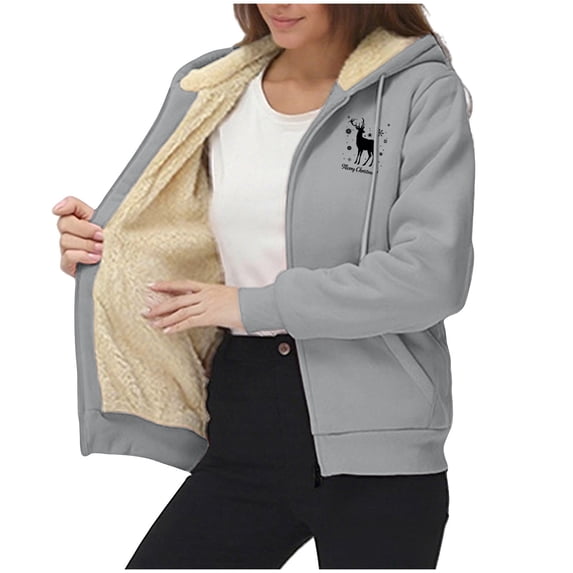 AINIYS Hoodies Sweatshirt for Women Full Zip up Fleeve Lined Xmas Jacket Solid Christmas Printed Casual Warm Hoodies Coats Gray Pullover for Women _a M