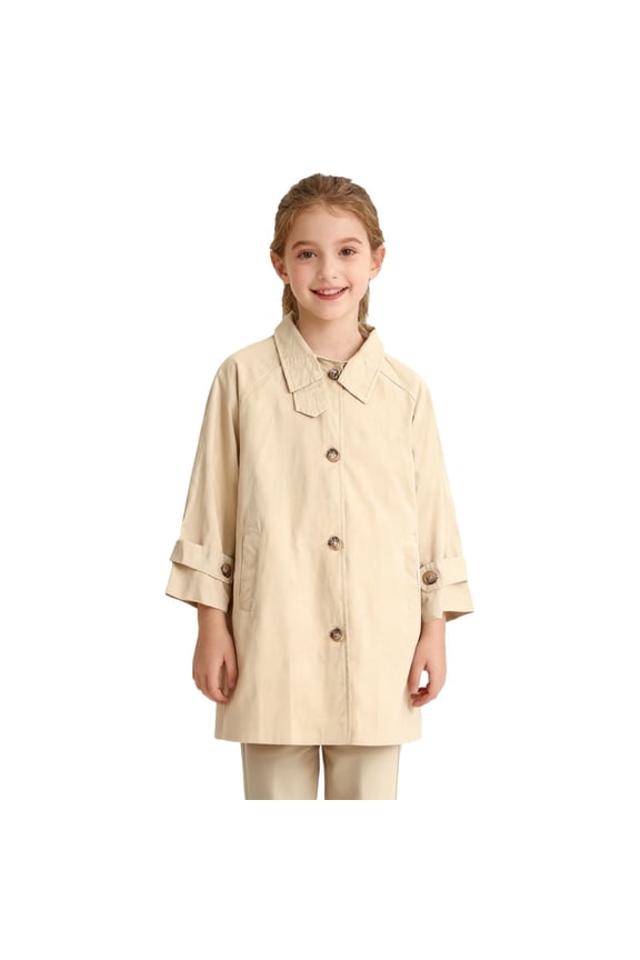 Hoodless Long Sleeve Stand-up Collar Mid-length Windbreaker Jacket for Girls Soft Comfortable Fashionable Stylish Suitable for School Vacation Outdoor Activities Khaki 4 Years