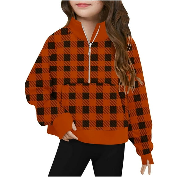 AINIYS Junior Sports Sweatshirt Plaid Long Sleeve Fashion Clothes 11 Years Girls Y2K Plullover Vintage Fall and Winter Sweatshirt Casual Loose Pullover with Pockets 1/4 Zip up Collared Plus Size