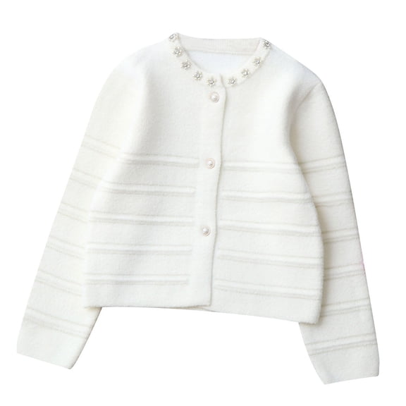 AINIYS Kid Girls Cardigan Sweaters Cropped Long Sleeve Button Knit Pearl Crewneck Sweater Outerwear Casual Fall Trendy Jackets White 7 Years