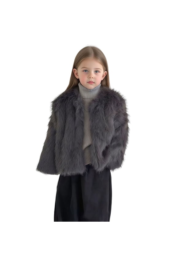 Kid's Faux Fur Cropped Coat Long Sleeve Crewneck Open Front Cardigan Winter Jacket Warm Trendy Girls Outwear Dark Gray 1-2Years