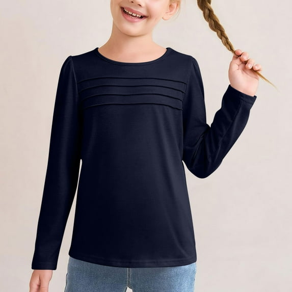 AINIYS Kids 5 Years Girls Solid Color Vintage Fall and Spring Sweatshirt Ruched Basic Tees T-Shirts for 2025 Long Sleeve Casual Loose Pullover Children Fashion Clothes Round Neck