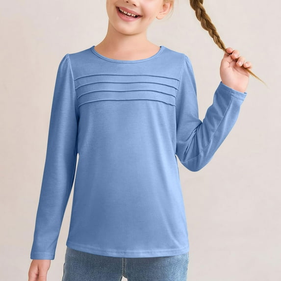 AINIYS Kids 9 Years Girls Solid Color Vintage Fall and Spring Sweatshirt Ruched Basic Tees T-Shirts for 2025 Long Sleeve Casual Loose Pullover Round Neck Children Fashion Clothes