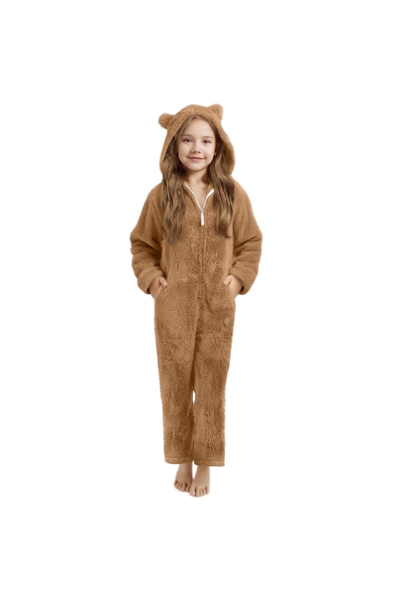 Kids Bear-Ear Plush Onesie with Hooded Neckline Zip Closure, Plush Comfortable Children's Clothing for Sleep & Casual Wear Brown 11 Years